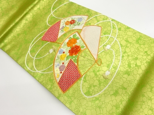 切り嵌め扇に花々・葉模様刺繍名古屋帯